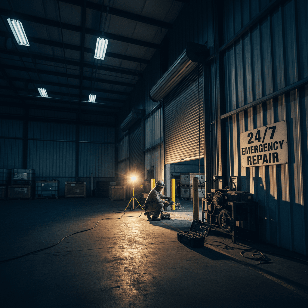 Technician performing emergency after-hours door repair