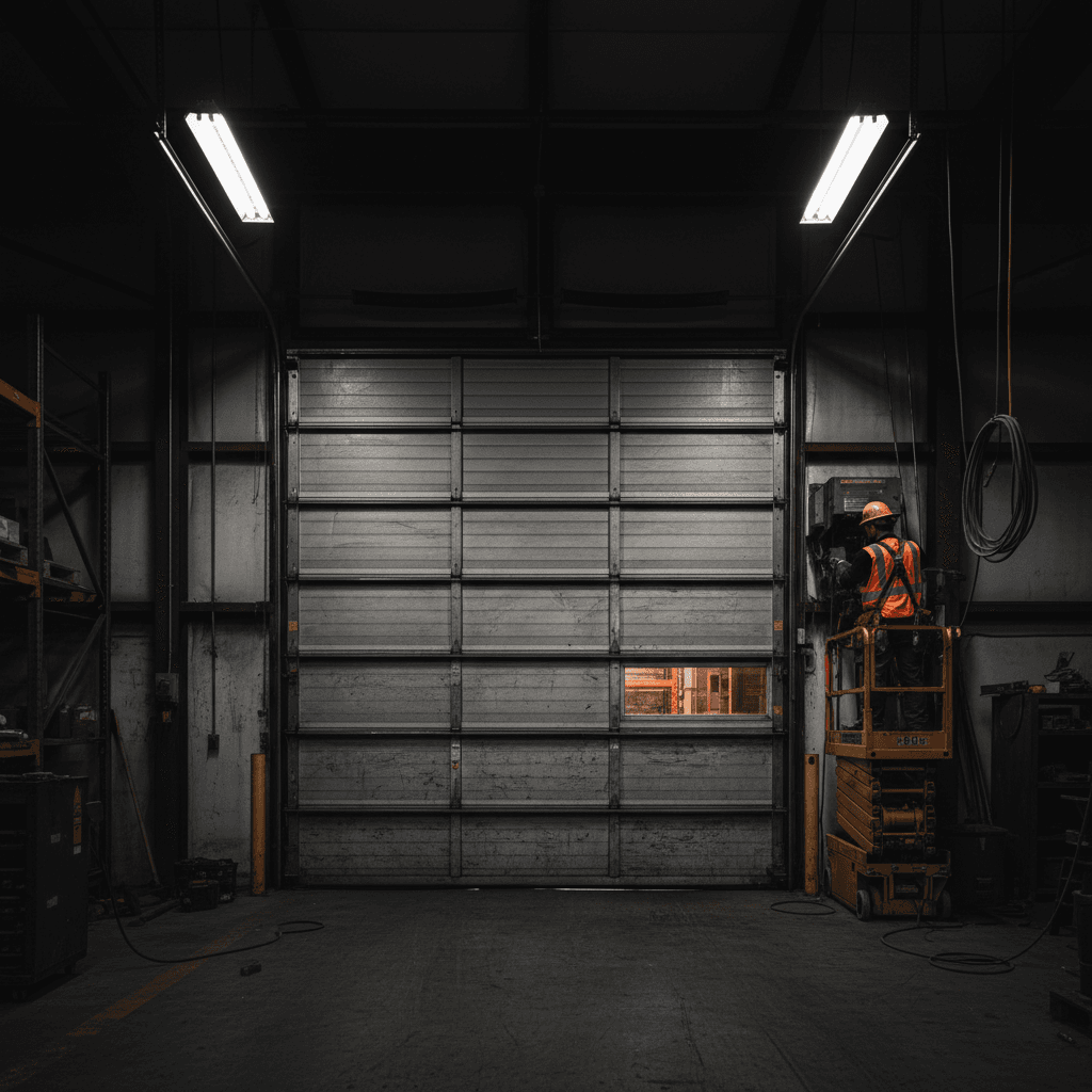 Technician servicing large commercial warehouse door