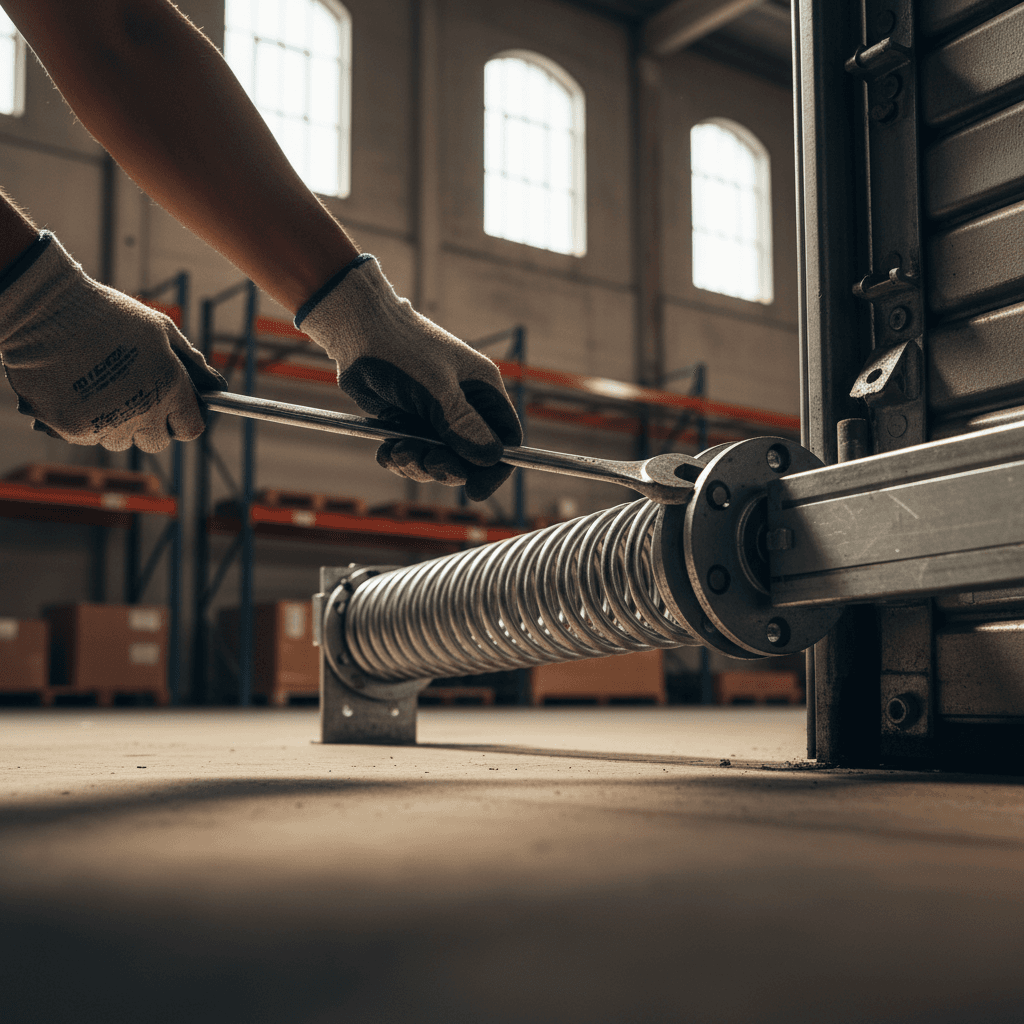 Technician repairing commercial roll-up door spring mechanism