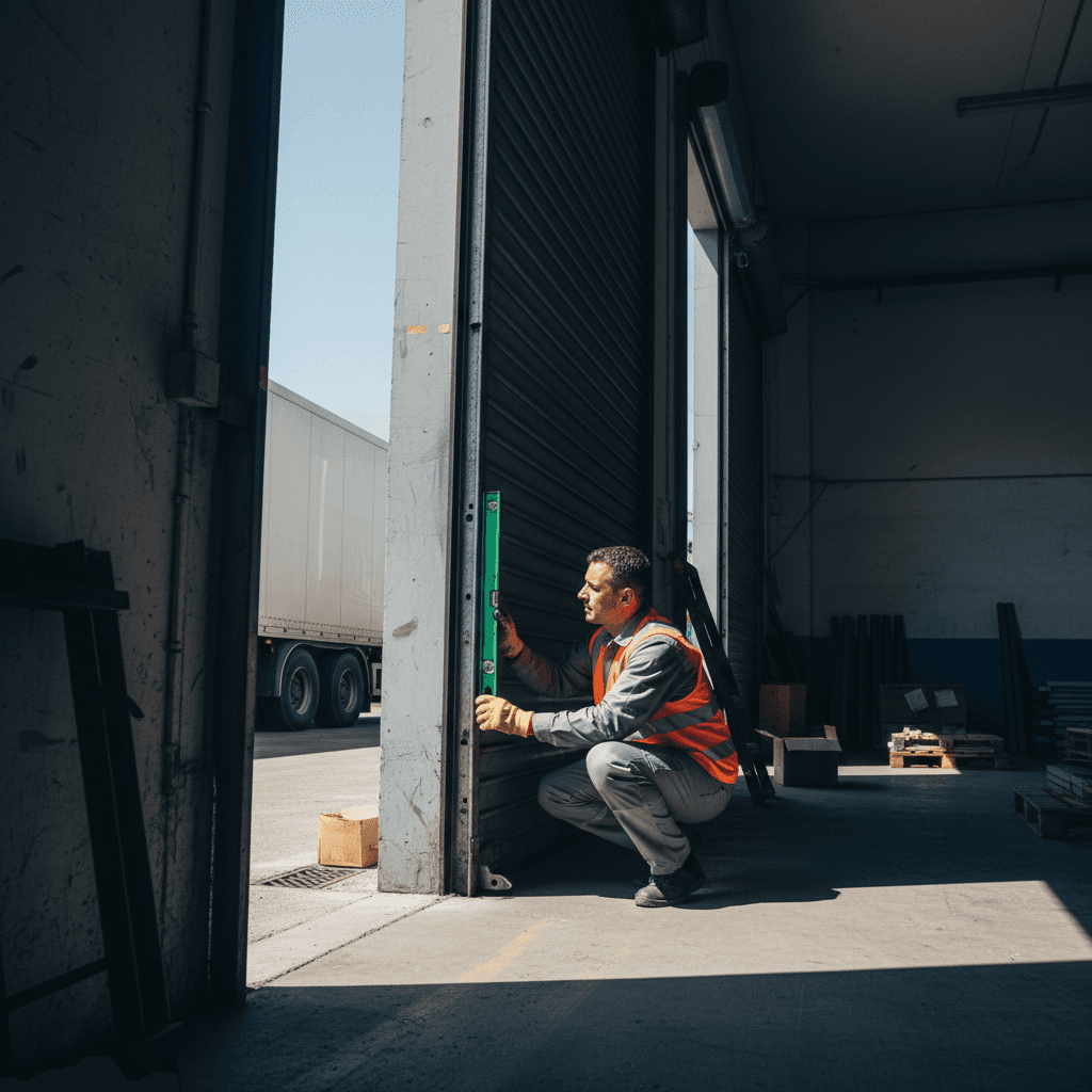 Technician inspecting loading dock door alignment