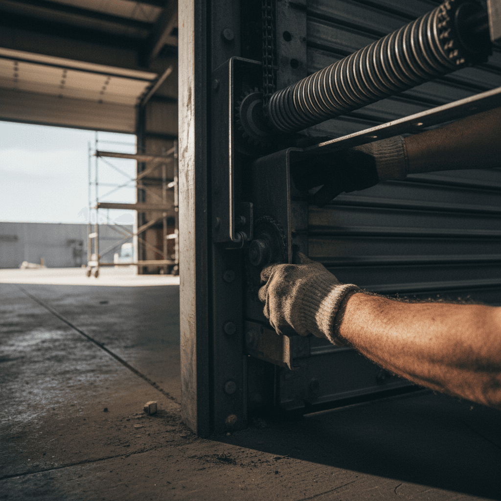 Technician repairing commercial roll-up door mechanism